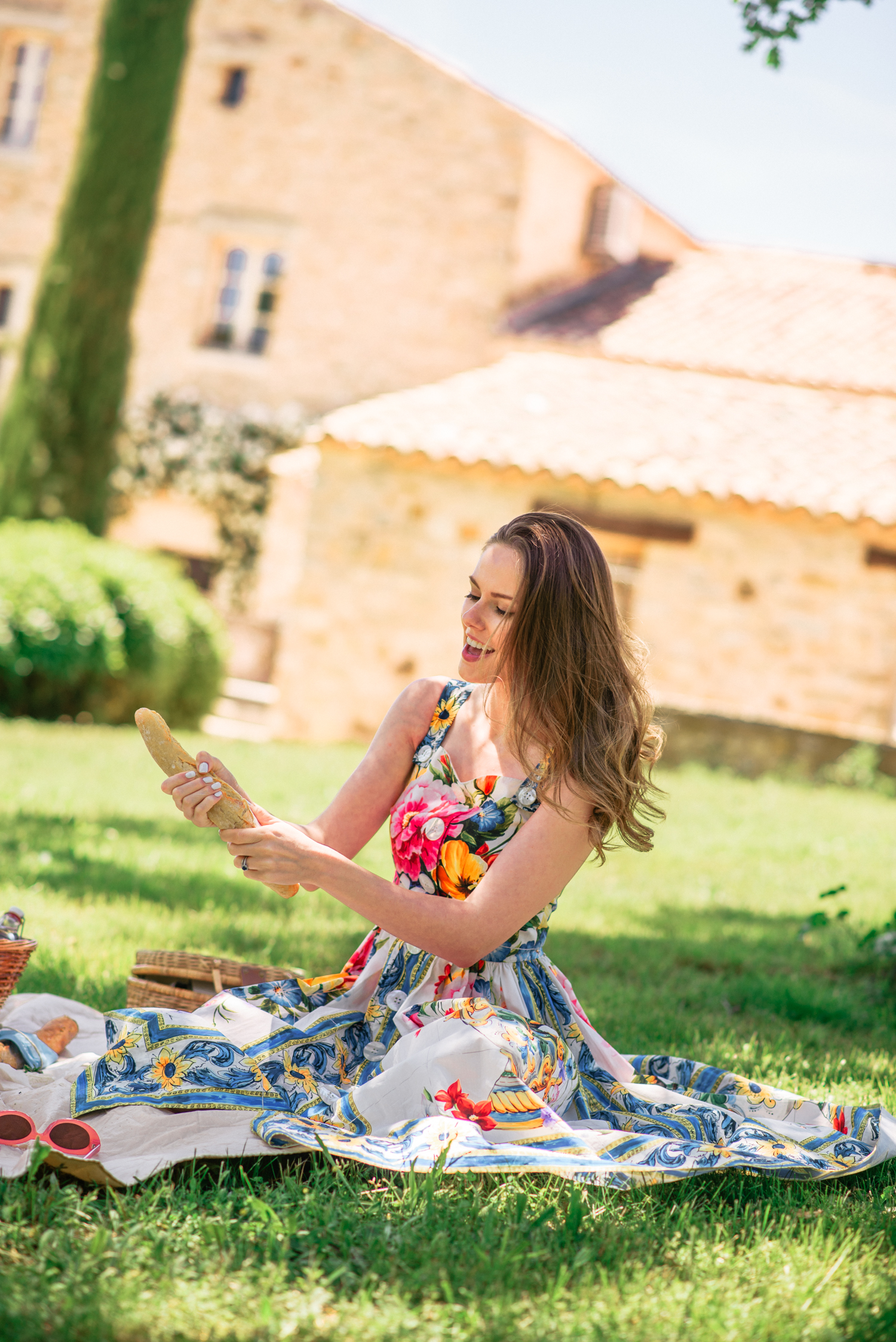Alyssa Campanella of The A List blog visits La Verrière in Provence, France wearing Dolce & Gabbana majolica dress