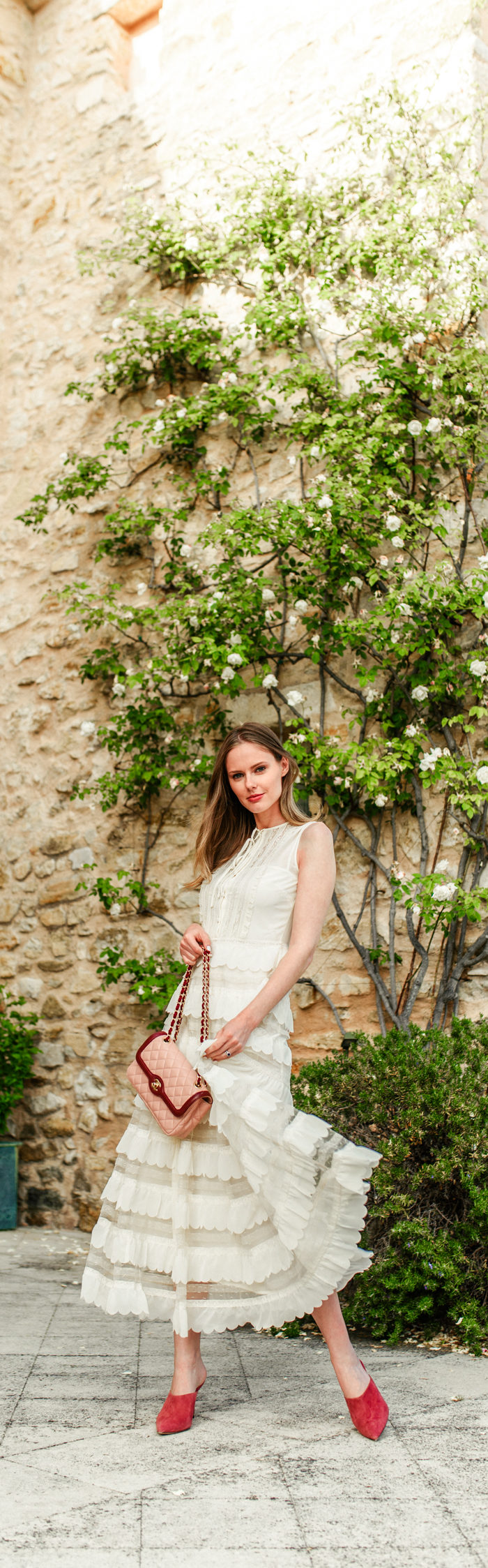 Alyssa Campanella of The A List blog visits La Verrière in Provence, France wearing RED Valentino georgette scalloped dress