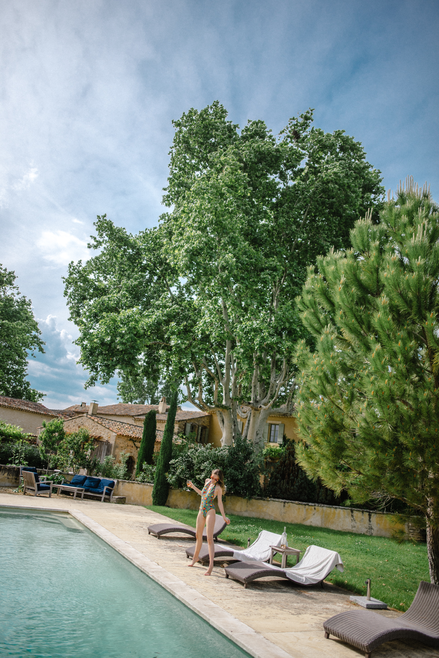 Alyssa Campanella of The A List blog wears the LA Double J Pavone Verde Deep V Bather at the Haven In villa in Bonnieux