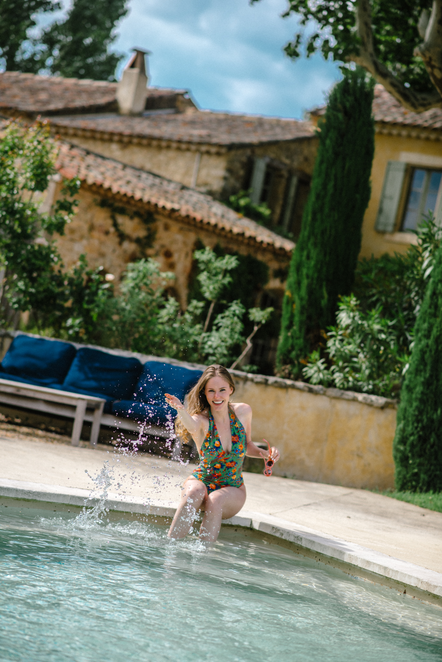 Alyssa Campanella of The A List blog wears the LA Double J Pavone Verde Deep V Bather at the Haven In villa in Bonnieux