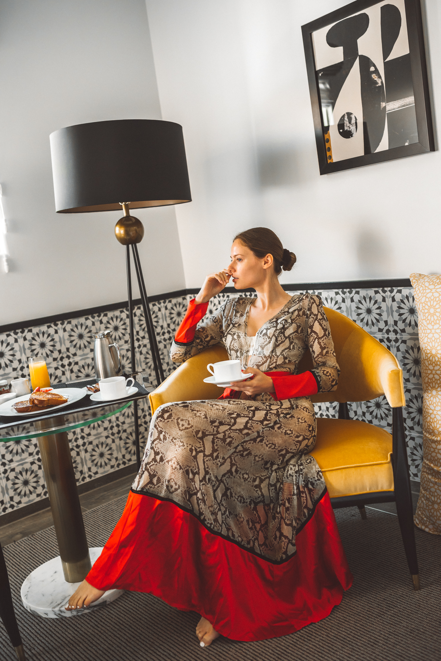 Alyssa Campanella of The A List blog visits Hotel Californian in Santa Barbara with Torrance Coombs wearing We Are Leone python robe for an anniversary trip.