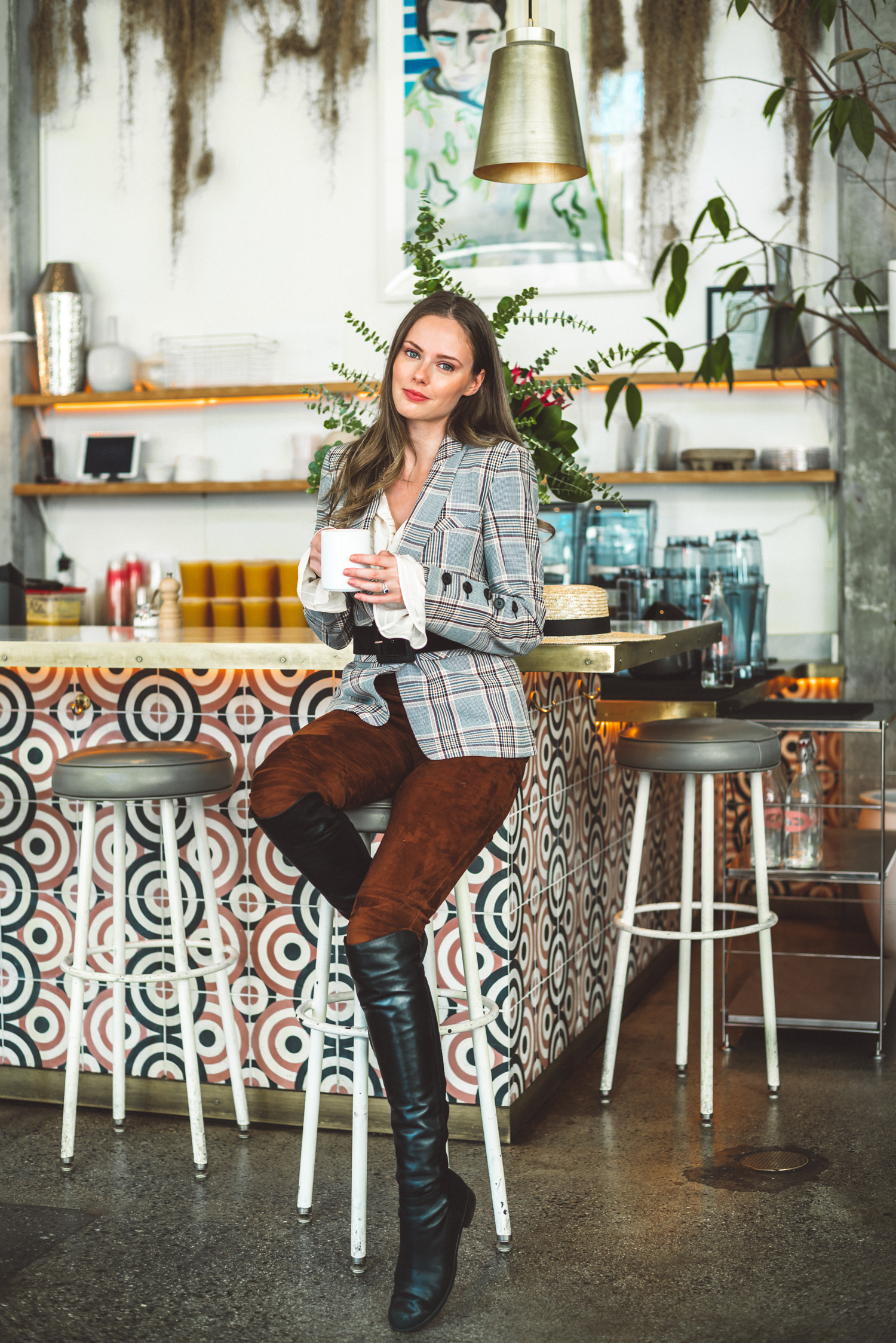 Alyssa Campanella of The A List blog travels to San Francisco with Alaska Airlines and Shopstyle wearing Veronica Beard plaid dickey jacket and Joseph suede pants.