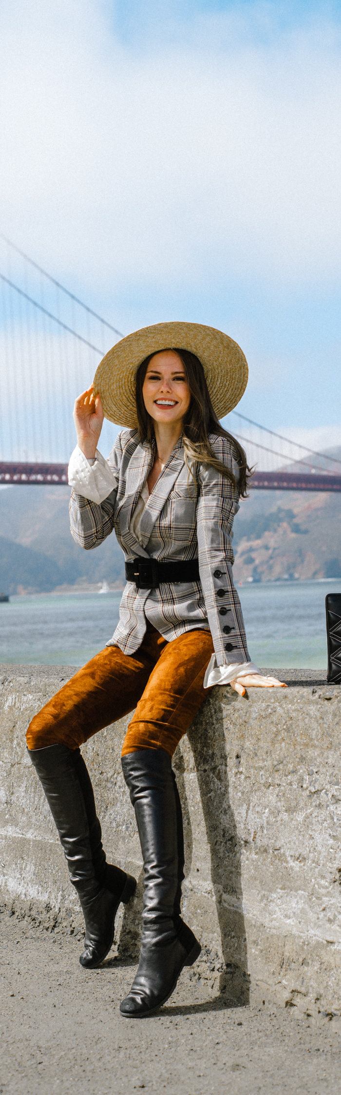 Alyssa Campanella of The A List blog travels to San Francisco with Alaska Airlines and Shopstyle wearing Veronica Beard plaid dickey jacket, Joseph suede pants, Lack of Color spencer wide brim hat, and Strathberry midi tote