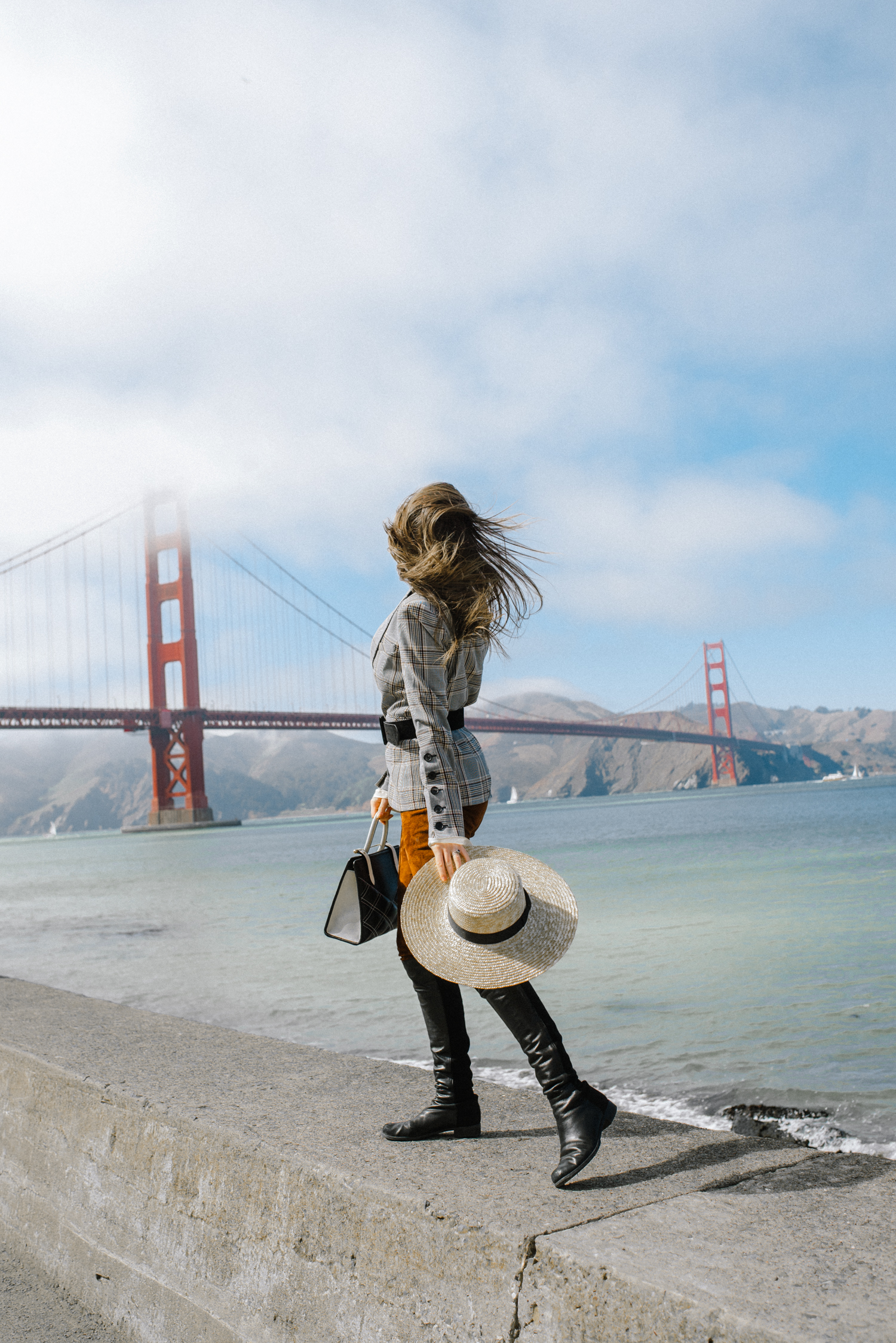 Alyssa Campanella of The A List blog travels to San Francisco with Alaska Airlines and Shopstyle wearing Veronica Beard plaid dickey jacket, Joseph suede pants, Lack of Color spencer wide brim hat, and Strathberry midi tote