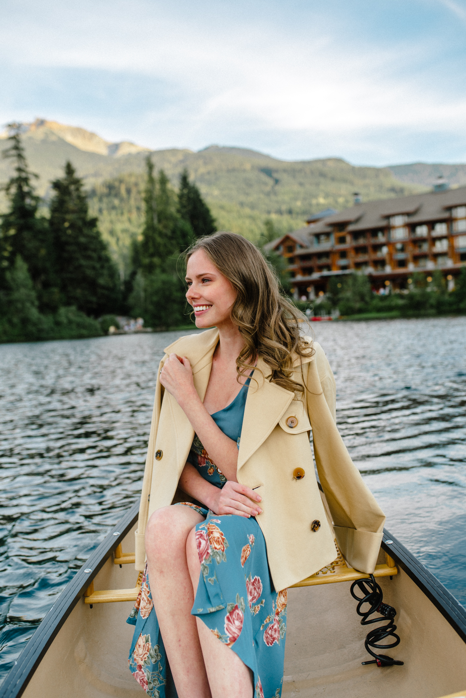 Alyssa Campanella of The A List shares her Whistler City Guide wearing Khaite Bianca trench coat and Christy Dawn Lennon dress at Nika Lake Lodge