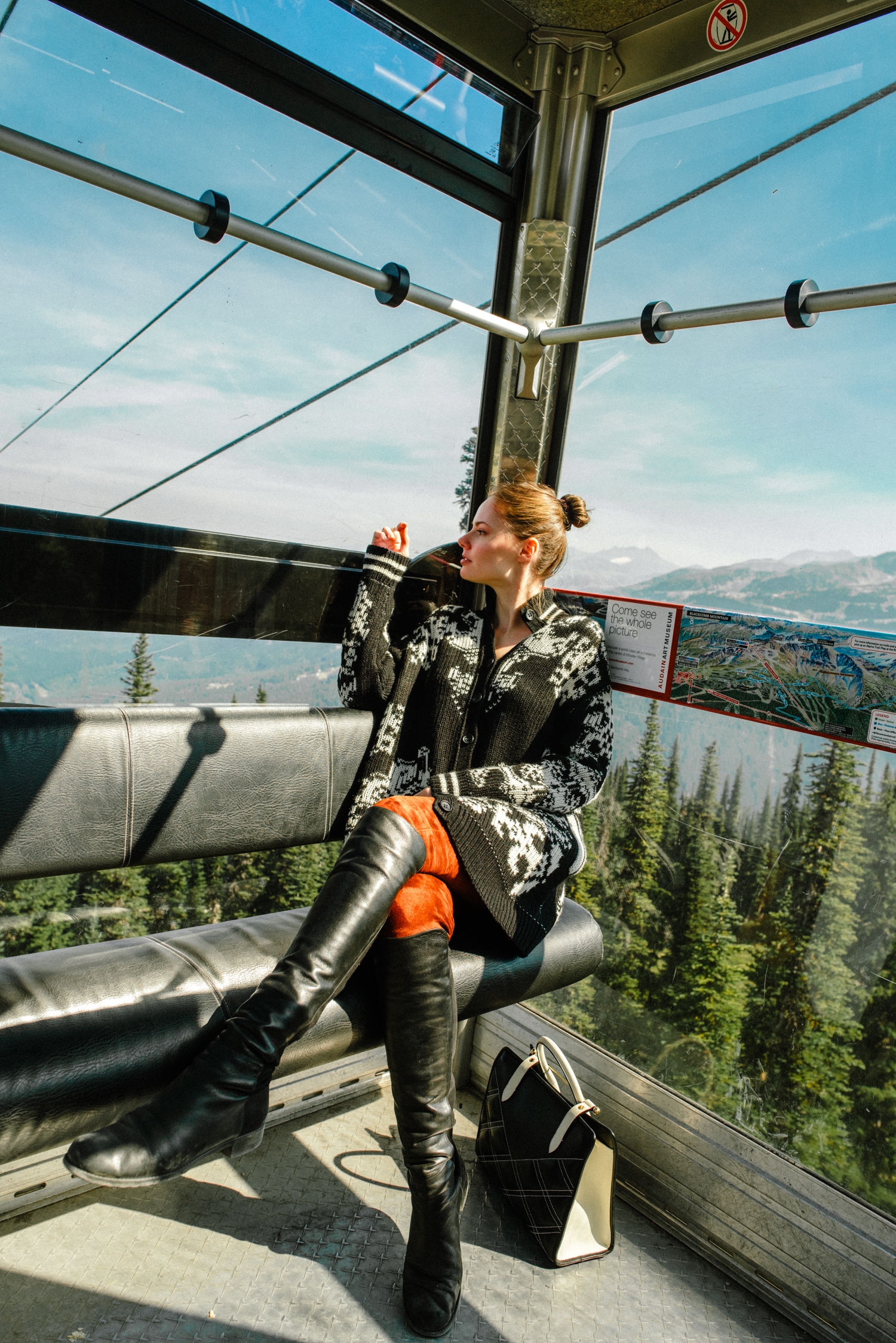Alyssa Campanella of The A List shares her Whistler City Guide wearing RED Valentino Intarsia cardigan and Joseph Suede pants at Whistler Peak 2 Peak