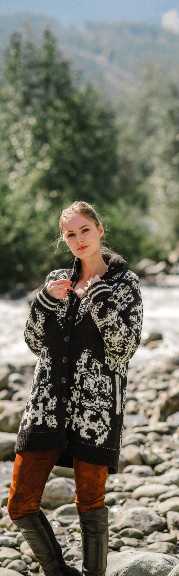Alyssa Campanella of The A List shares her Whistler City Guide wearing RED Valentino Intarsia cardigan and Joseph Suede pants at Whistler village