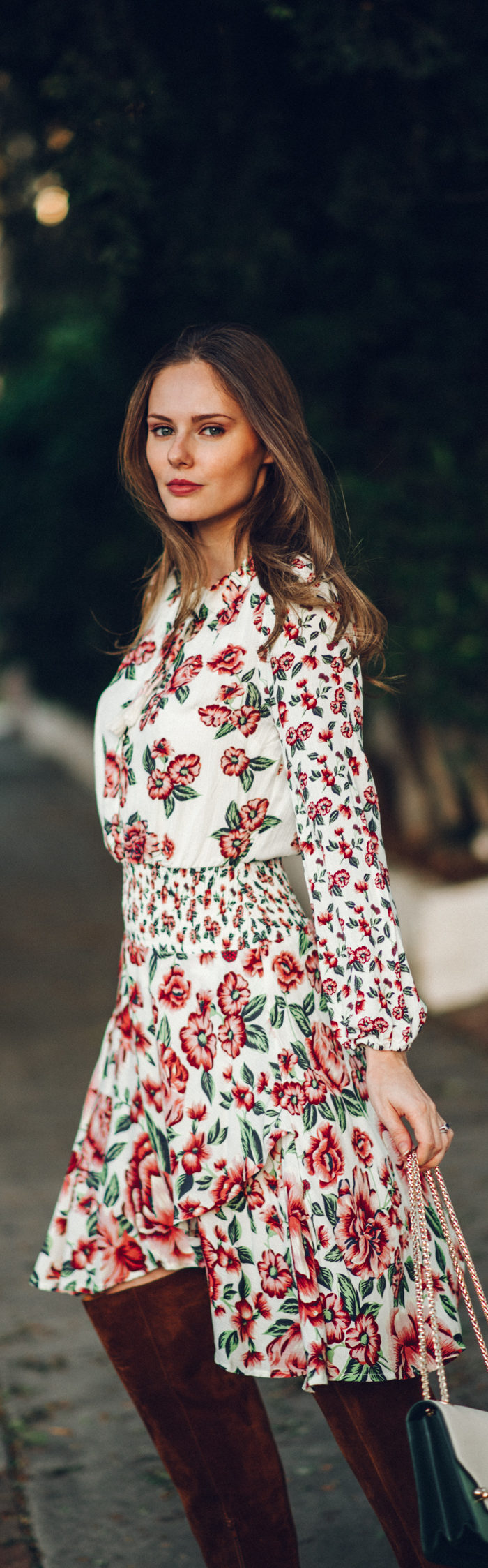 Alyssa Campanella of The A List blog shares the perfect fall floral dress wearing Farm Rio for Anthropologie