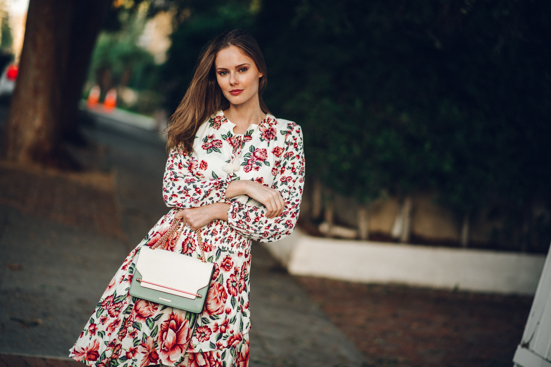 Alyssa Campanella of The A List blog shares the perfect fall floral dress wearing Farm Rio for Anthropologie