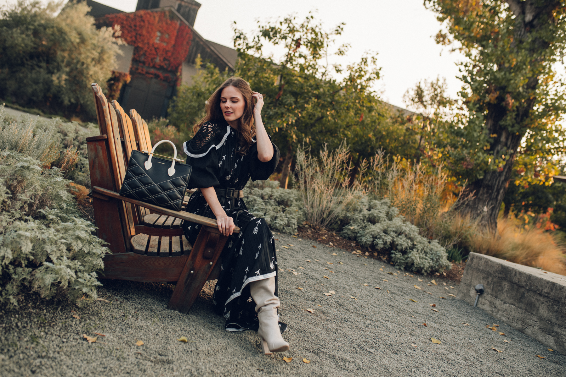 Alyssa Campanella of The A List blog visits Frog's Leap winery for Cabernet season 2018 wearing Self Portrait arrow dress and What For ivory boots