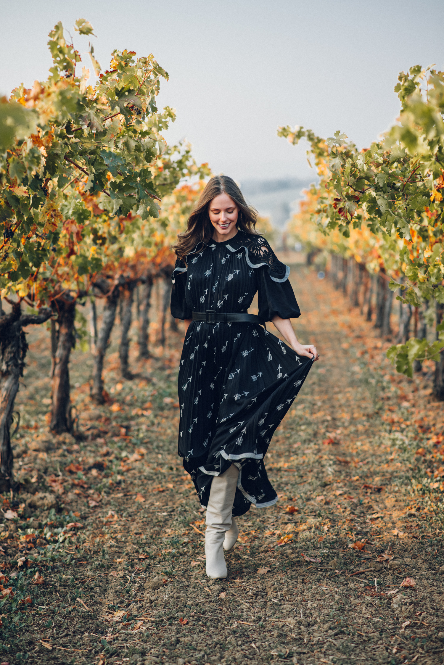Alyssa Campanella of The A List blog visits Frog's Leap winery for Cabernet season 2018 wearing Self Portrait arrow dress and What For ivory boots