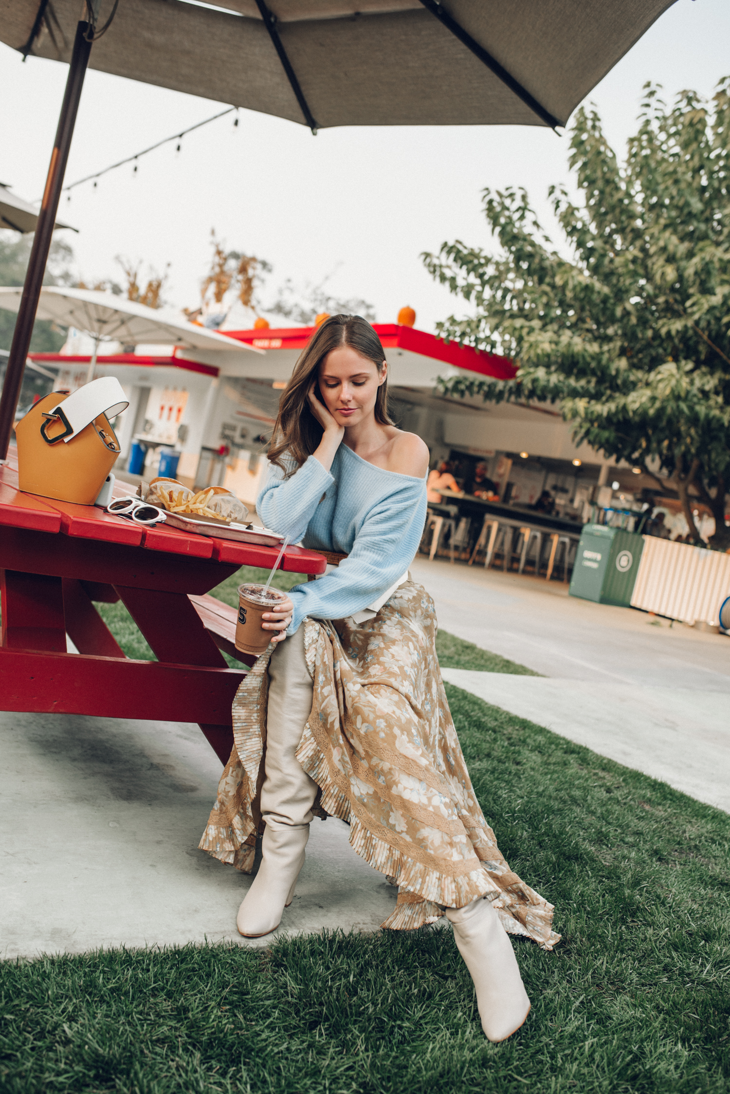 Alyssa Campanella of The A List blog visits Gott's Roadside in St. Helena for Cabernet season 2018 wearing Zimmermann hanky skirt, What For ivory boots, 360Cashmere Oneta sweater, and Danse Lente bucket bag