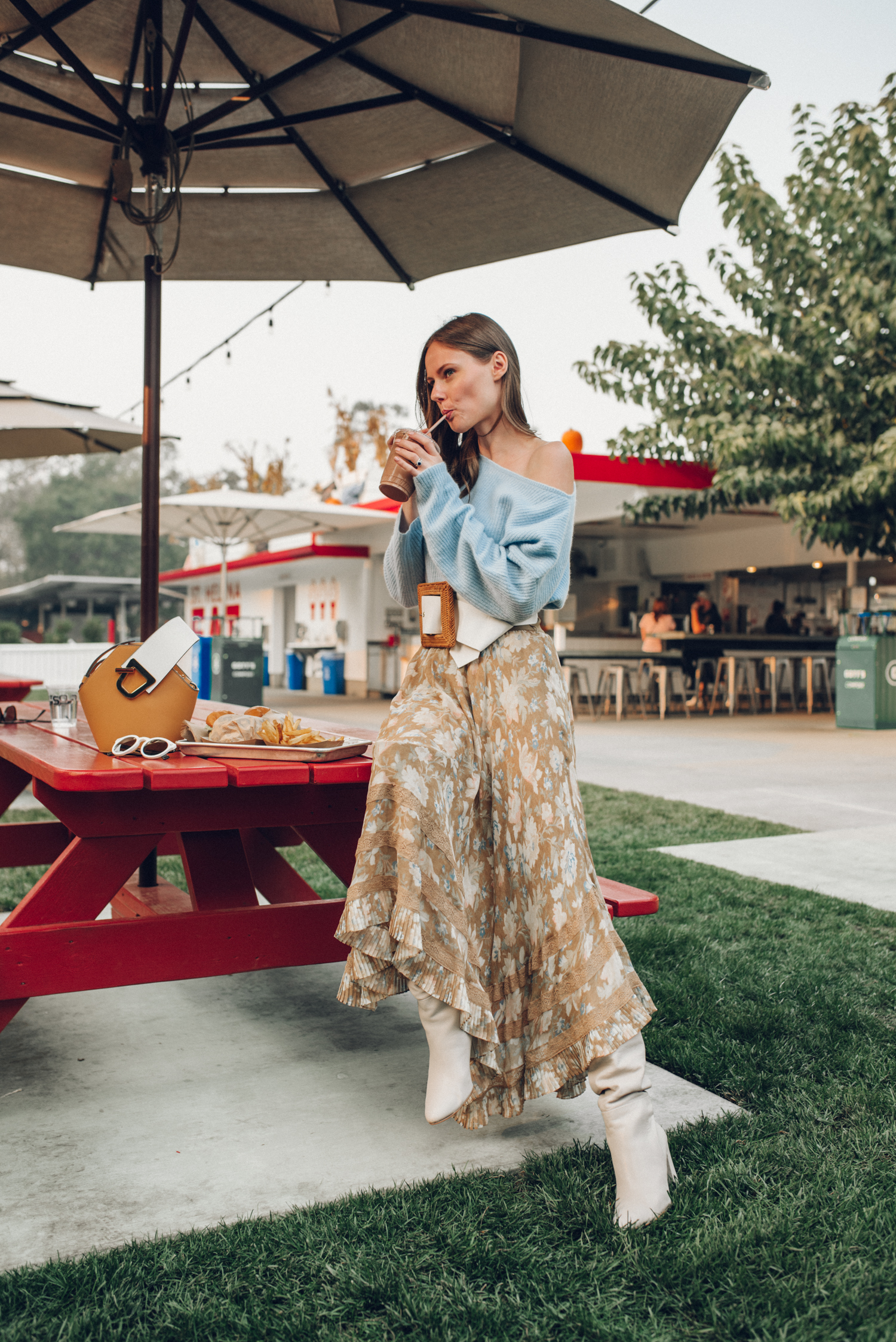 Alyssa Campanella of The A List blog visits Gott's Roadside in St. Helena for Cabernet season 2018 wearing Zimmermann hanky skirt, What For ivory boots, 360Cashmere Oneta sweater, and Danse Lente bucket bag