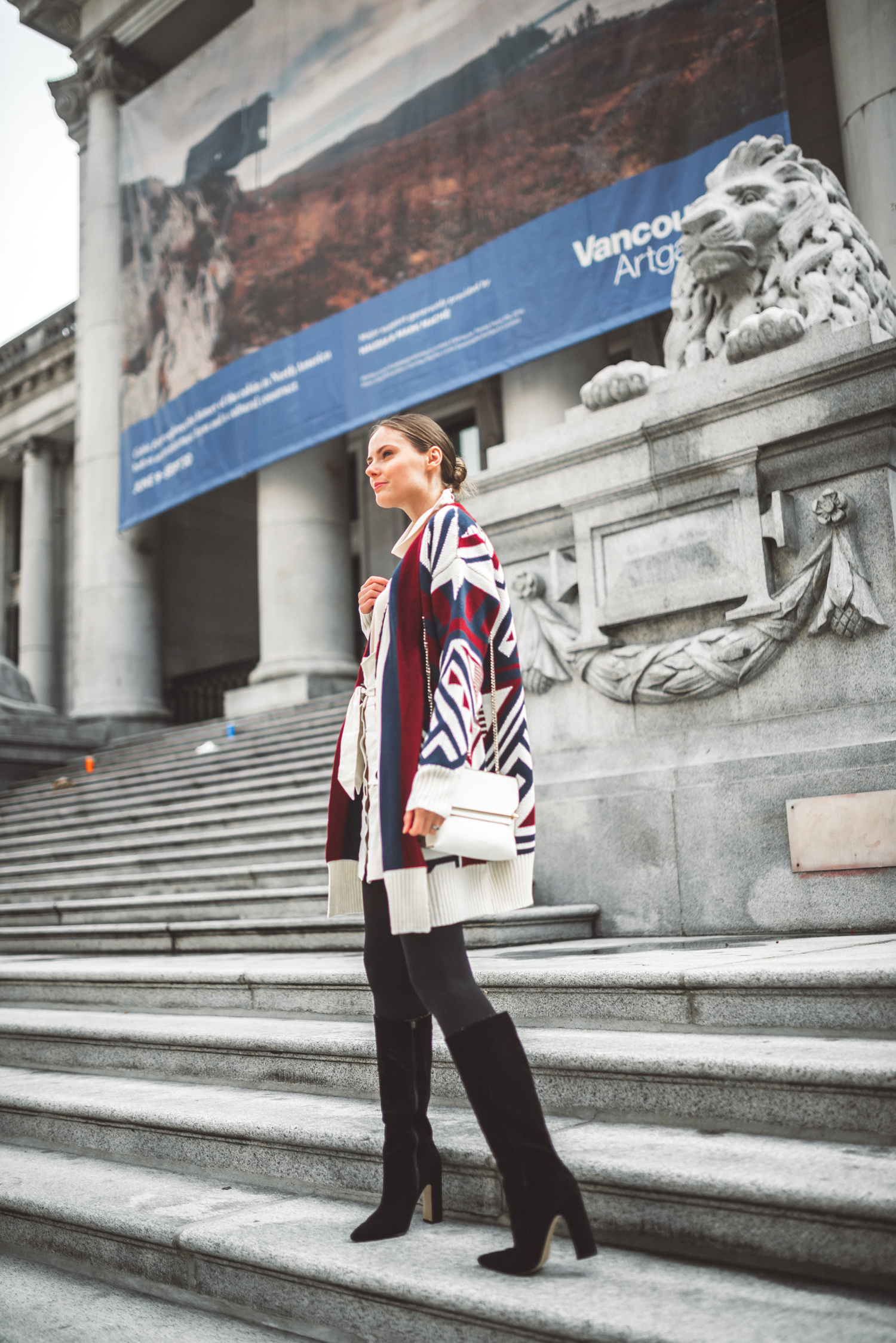 Alyssa Campanella of The A List blog shares the best in sweater coats wearing Tularosa Page sweater, Raye Maple boots, and Strathberry East West stylist bag.