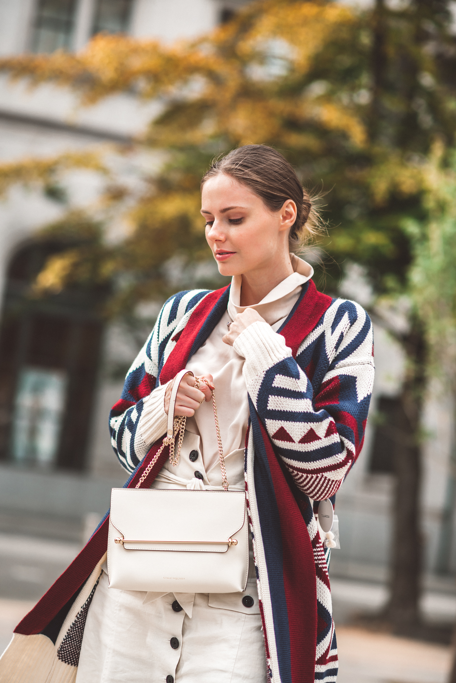 Alyssa Campanella of The A List blog shares the best in sweater coats wearing Tularosa Page sweater, Raye Maple boots, and Strathberry East West stylist bag.