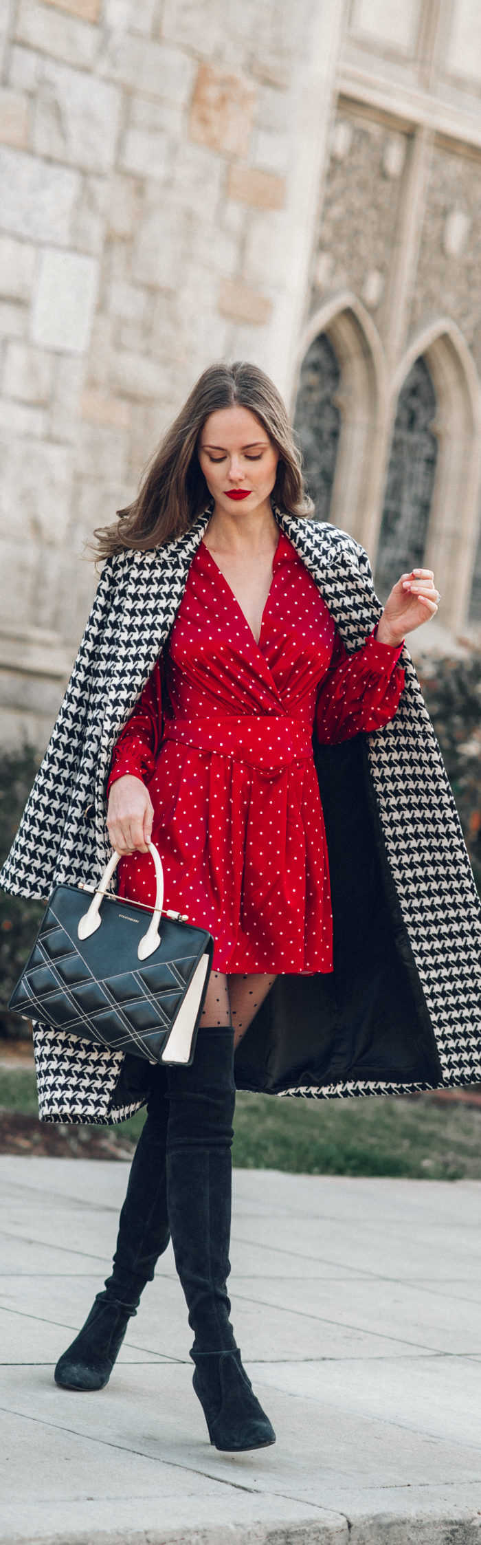 Alyssa Campanella of The A List blog shares her tricks for gorgeous hair wearing L'Academie Stella dress and Richard coat with Strathberry Midi Tote bag