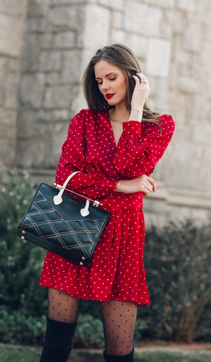 Alyssa Campanella of The A List blog shares her tricks for gorgeous hair wearing L'Academie Stella dress with Strathberry Midi Tote bag