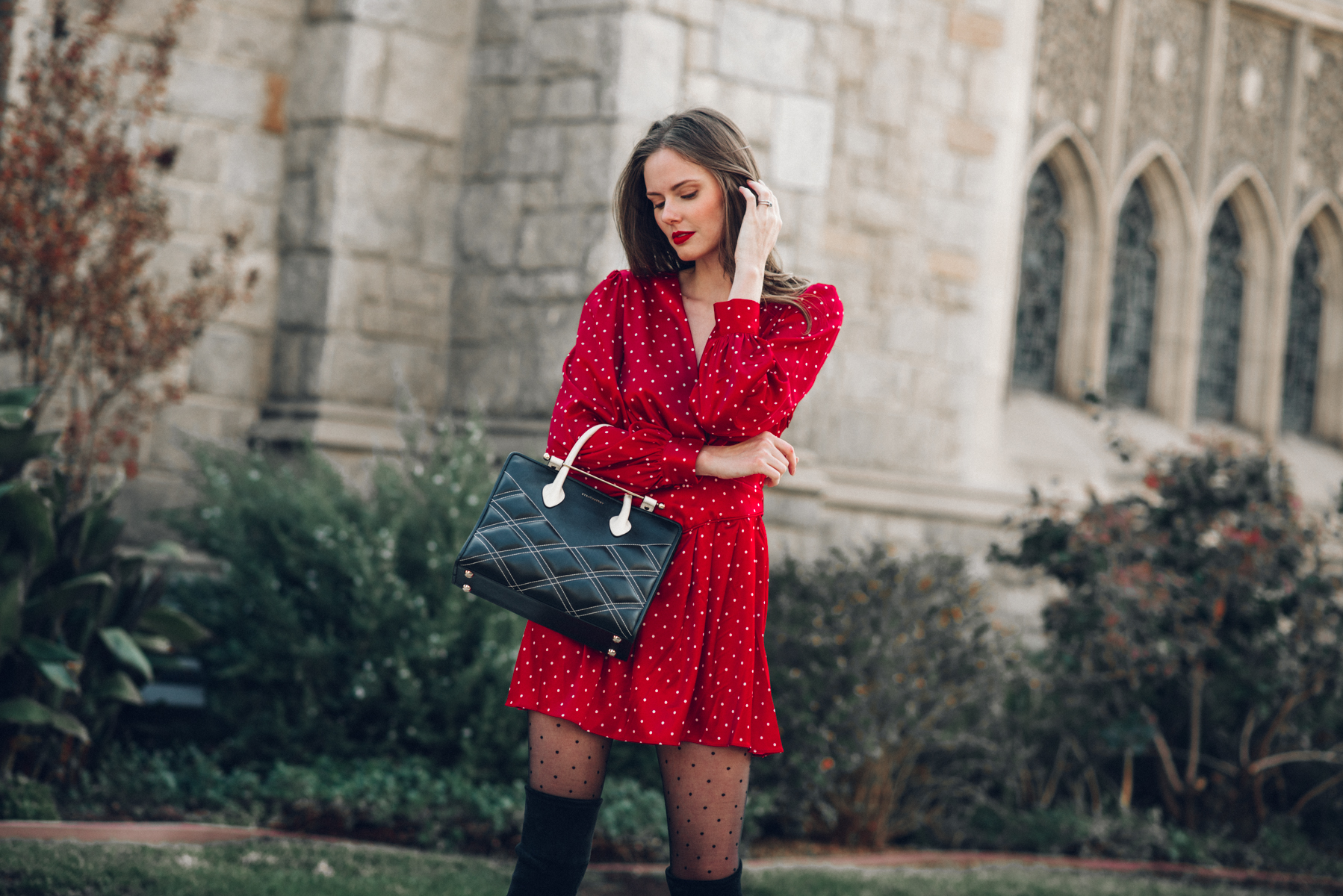 Alyssa Campanella of The A List blog shares her tricks for gorgeous hair wearing L'Academie Stella dress with Strathberry Midi Tote bag