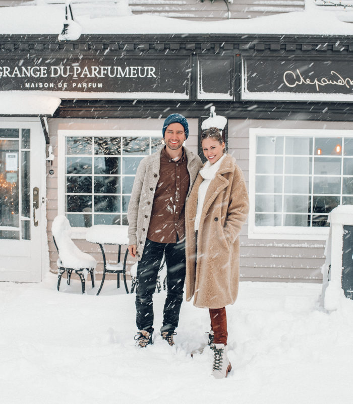 Torrance Coombs and Alyssa Campanella of The A List blog visits La Grange du Parfumeur in Québec wearing Iorane sweater, Joseph suede pants, and Frye Samantha hiker boots