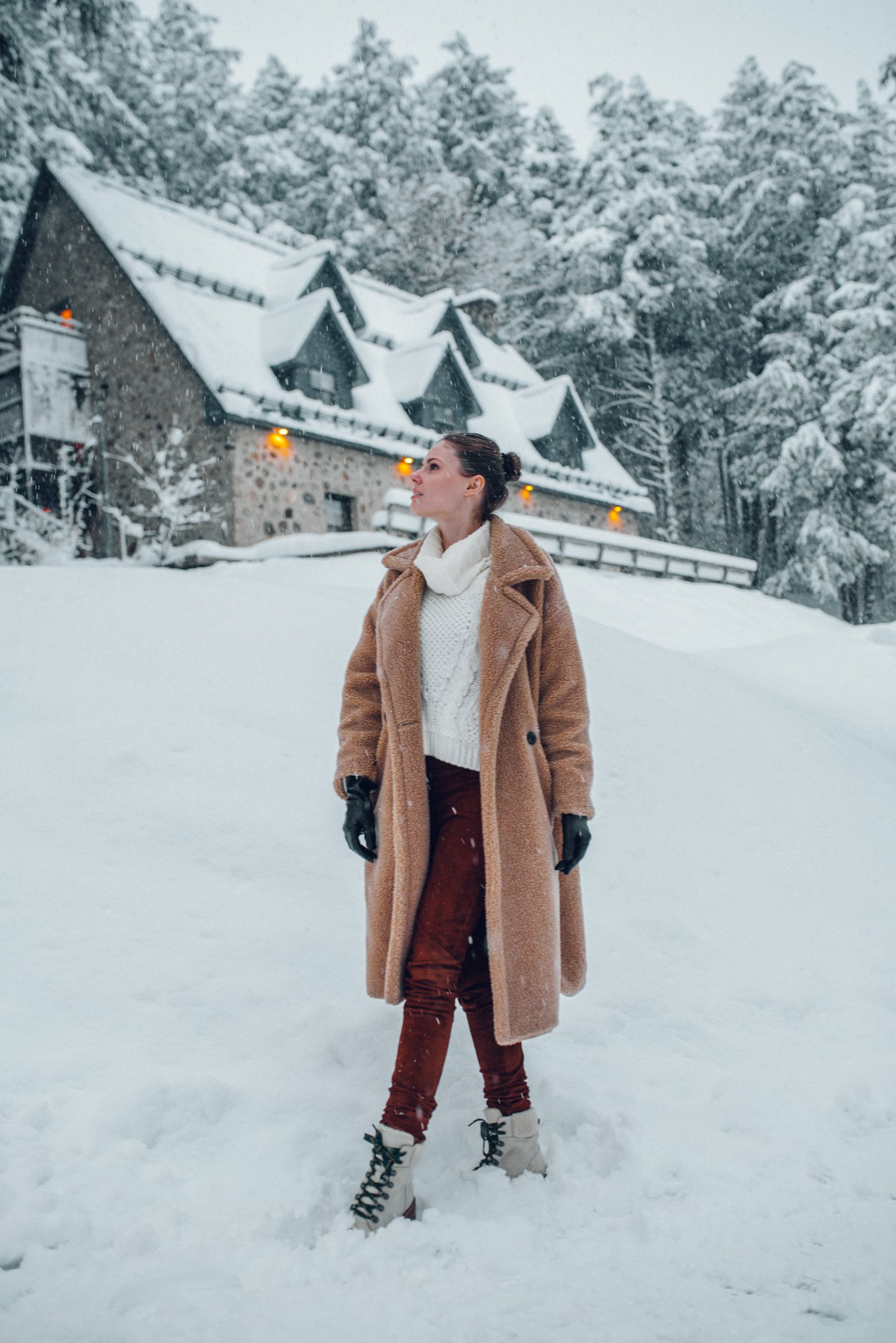 Alyssa Campanella of The A List blog visits Balnea Spa in Québec wearing Storets teddy coat, Joseph suede pants, and Frye Samantha hiker boots