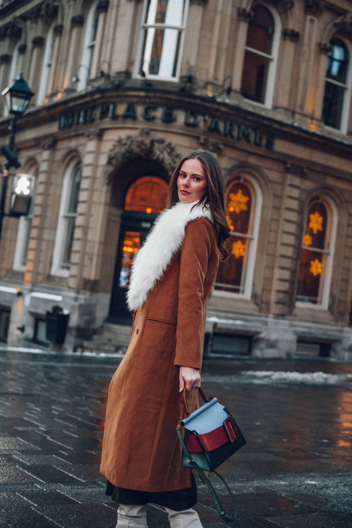 Alyssa Campanella of The A List blog wears Revolve x House of Harlow 1960 Perry coat and Boyy karl bag for a weekend in Vieux-Montréal