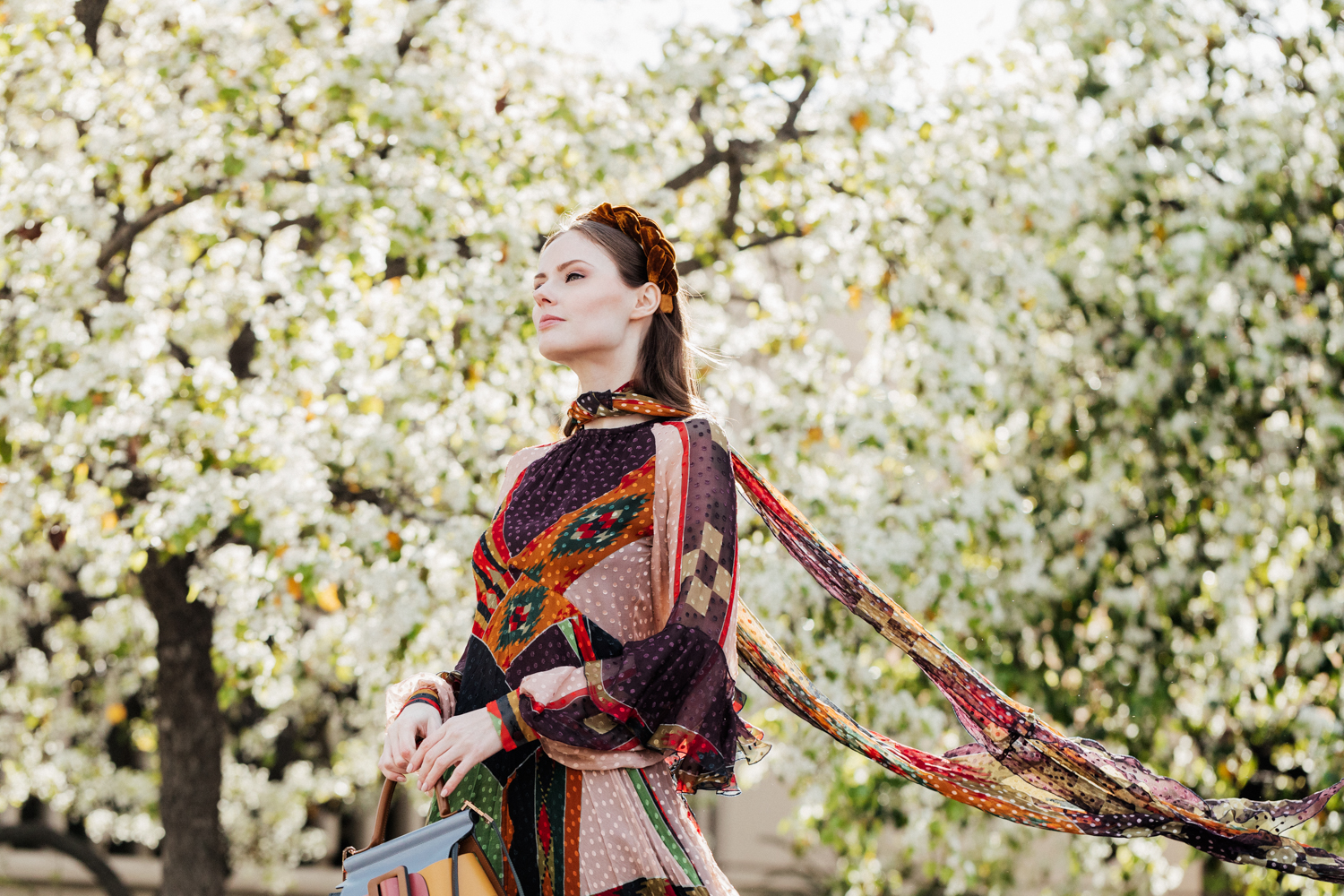 Alyssa Campanella of The A List blog shares 3 things she's learned about herself wearing Etro patchwork midi dress and Jennifer Behr Lorelei headband