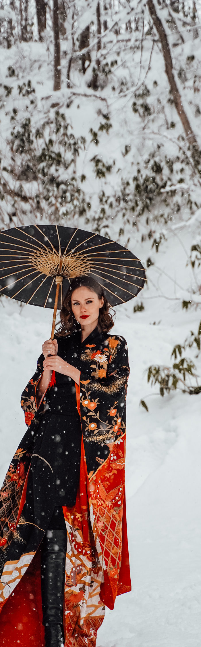 Alyssa Campanella of The A List blog wears a Japanese kimono furisode in Hokkaido, Japan