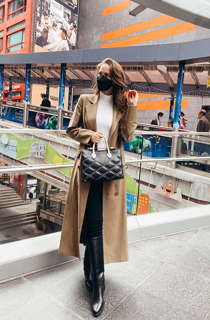 Alyssa Campanella of The A List blog shares her daily look wearing Envelope1976 coat, Strathberry tote bag, and Legres riding boots