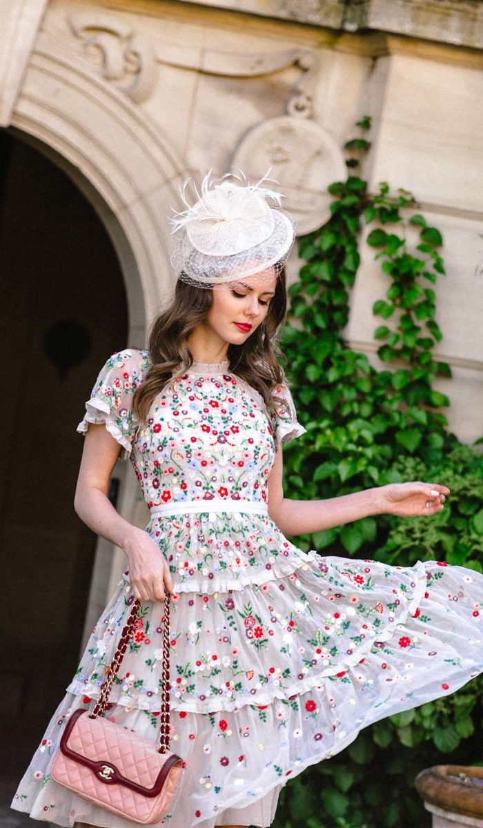 Alyssa Campanella of The A List blog wears Needle & Thread London Lasy Daisy dress for the royal wedding 2018